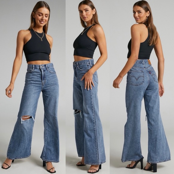 Levi's Premium High Loose Distressed Flare Jeans Size 27 - Picture 1 of 10